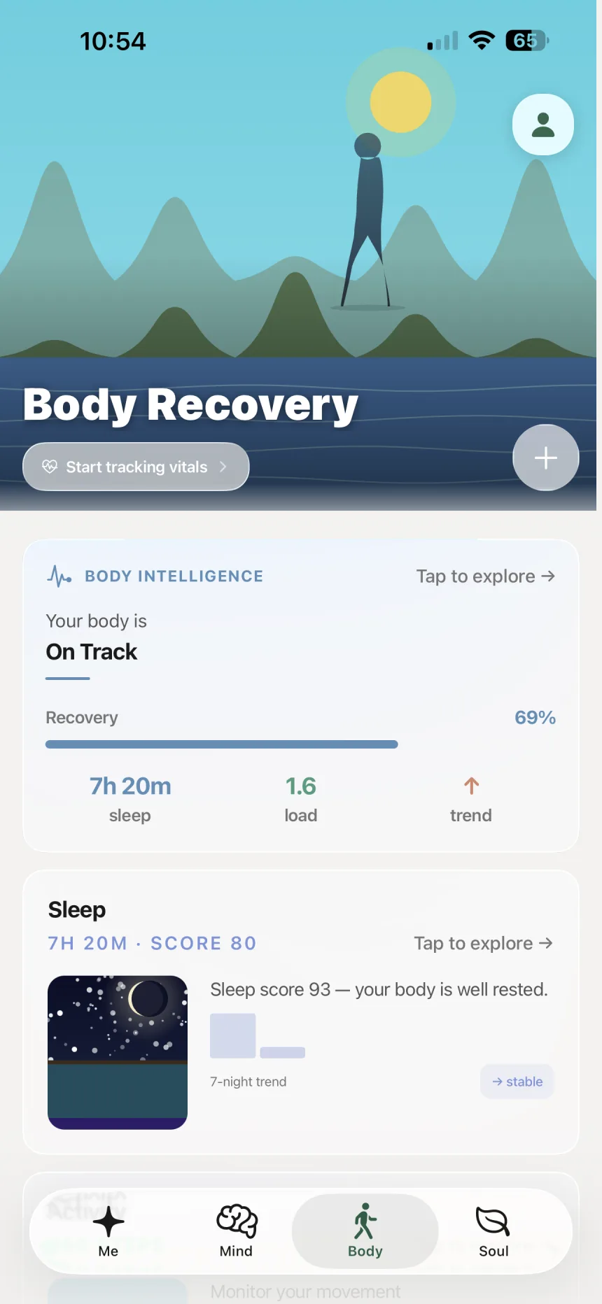 ManifestedMe Body screen showing recovery, sleep, and training load
