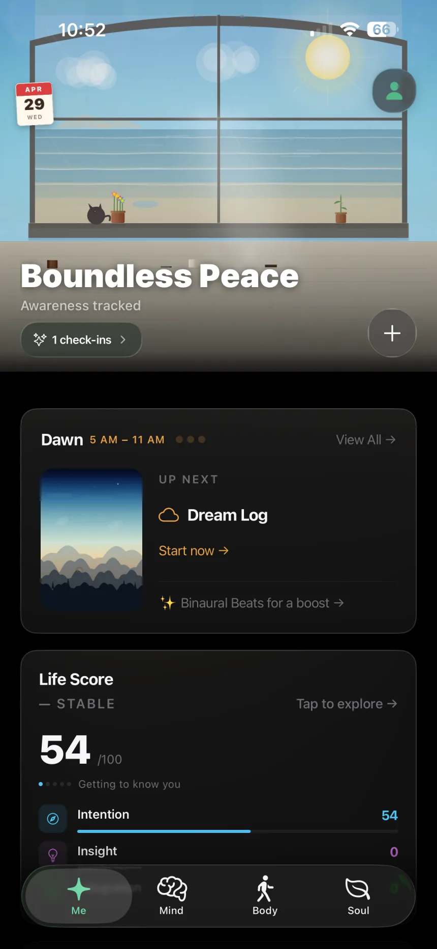 ManifestedMe home screen showing today's state, the Dawn ritual, and Life Score