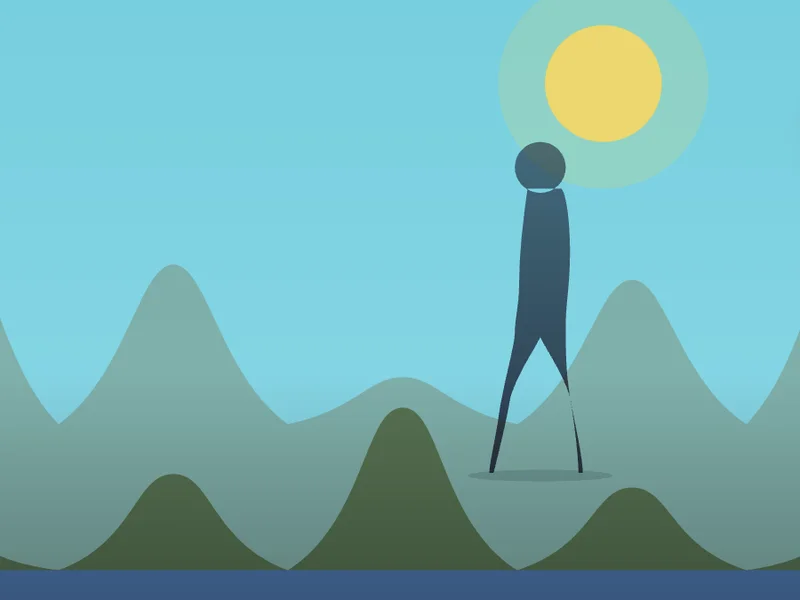 Painted scene from the Body screen: a walking figure on green hills under a bright sun.