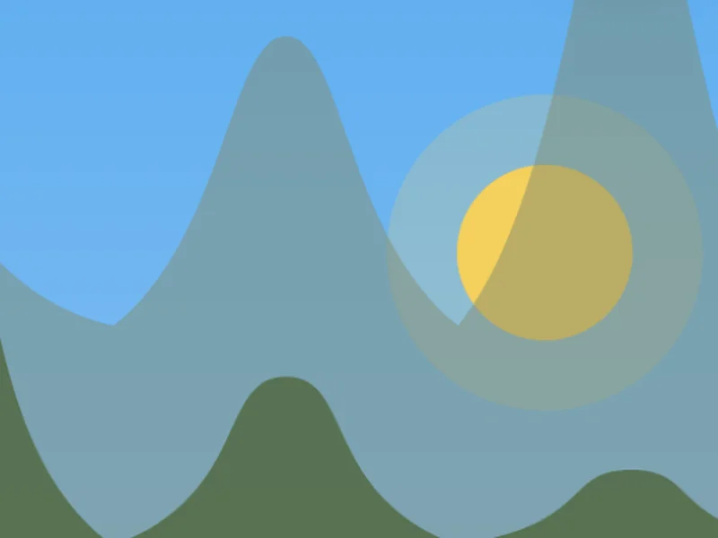 Painted landscape from the Mind screen: a blue sky, a yellow sun, and layered green hills.